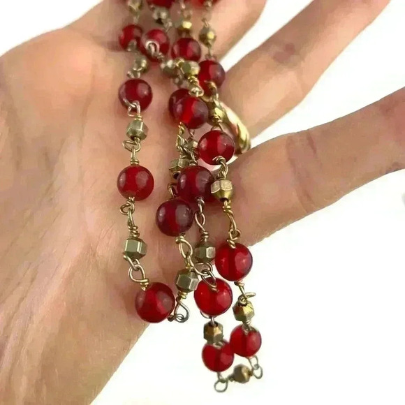 Dark Red Glass Round Bead Bronze Metal Necklace 22" Jewelry - Picture 2 of 10